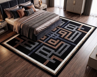 Tappeto moderno geometrico nero, tappeto in lana trapuntato a mano, tappeto di lusso per camera da letto, tappeto con motivo Art Déco, tappeto di grandi dimensioni per soggiorno.