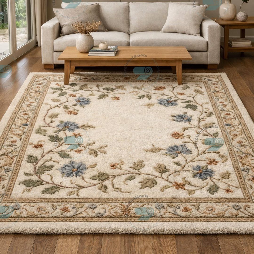 Hand Tufted Floral Wool Rug – Vintage Beige & Blue Botanical Rug ...