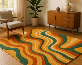 May include: A colorful area rug with a retro wavy pattern in shades of yellow, orange, green, and cream. The rug is rectangular and covers a wooden floor. The design creates a vibrant and eye-catching visual element for any room.