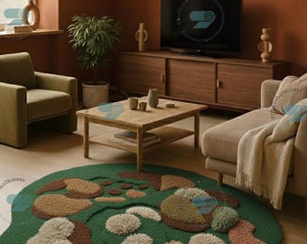 Handmade moss-inspired rug, organic tufted green wool carpet, textured modern area rug for living room, nature-inspired boho home decor