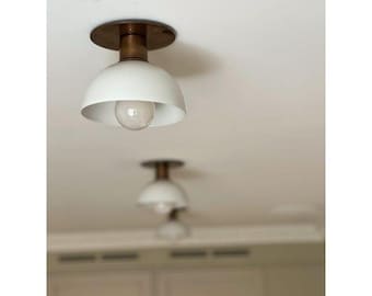 Modern Brass Flush Mount Light, Creamy White Shade, Mid-Century Ceiling Fixture