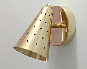 Mid Century Brass Cone Sconce, Adjustable Perforated Wall Light Fixture