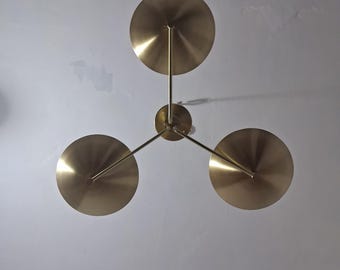 Mid-Century Modern Brass Disc 3 Arm Chandelier | Handmade Brass Ceiling Fixture | Luxury Designer Lighting