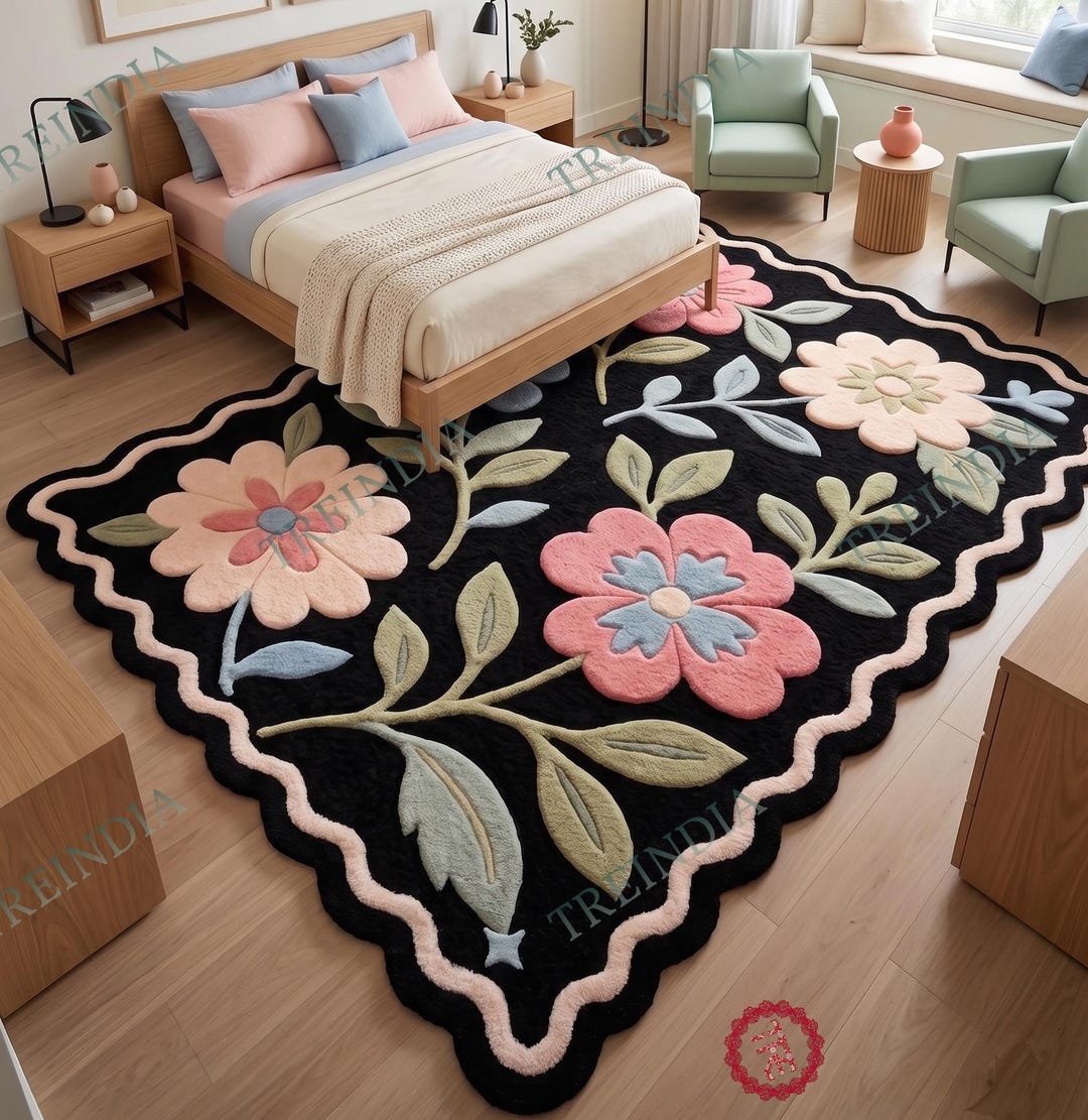 3D Floral Hand Tufted Wool Rug With Black Base, Aesthetic Flower Area ...