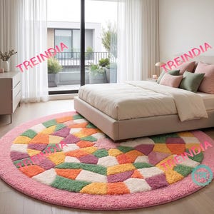 Modern Mosaic Round Rug, Hand Tufted Circular Abstract Area Rug, Colorful Patchwork Pastel Runner, 3D Carved Circle Nursery Kids Room Carpet