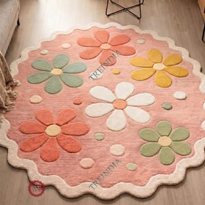 Handmade Round Scalloped Flower Rug, 7x7 Pink Floral Nursery Carpet, 3D Embossed Wool Area Rug, Luxury Hand Tufted Rug for Living Room, TRE