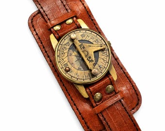 Personalized Brass Compass Watch,Handmade Sundial Watch Vintage Style,Leather Wristwatch,Collectable Nautical Christmas Gift , Perfect Gift