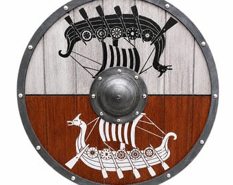 Escudo vikingo medieval de madera, escudo vikingo listo para la batalla, escudo redondo de caballero, perfecto para cosplay y coleccionistas, Halloween, decoración de pared.