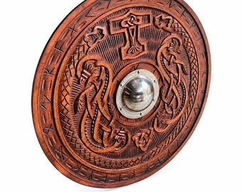 wooden carved Shield,Battle Ready Viking Shield,Knight Round Shield,Wolf,Dragon,Cosplay & Collectors,Halloween,Wall Decor,Gift