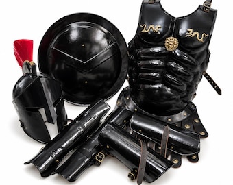 Conjunto espartano medieval de músculos completos, disfraz del rey Leónidas 300, armadura griega, casco, chaqueta musculosa, pierna, brazo/escudo, cosplay de Halloween, cuerpo completo