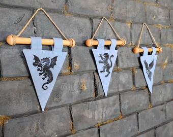 Medieval Heraldic Blue Banner – Raven, Black Cat & Dragon