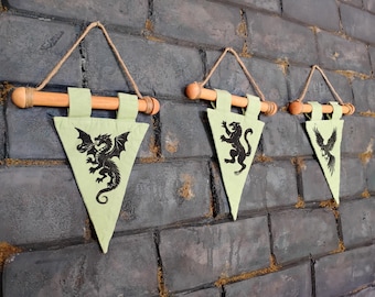 Medieval Heraldic Green Banner – Raven, Black Cat & Dragon