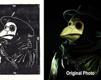 Plague Doctor Block Print - handgedrukte gotische linosnede muurkunst
