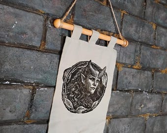 Ren Faire Demons Logo, Hand Printed Banner – Medieval Fantasy Wall Hanging