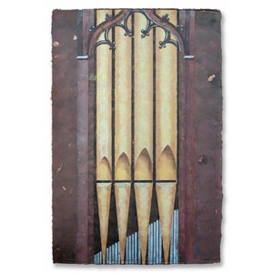 May include: A watercolor painting of a pipe organ with a brown and gold color scheme. The organ pipes are arranged in a vertical row and are framed by a dark brown wooden structure.