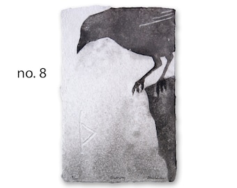 Gateway (Crow Divination Series) – bird pulp painting on handmade paper with Viking rune watermark, Thurisaz (2023), Item No. 374.01_08