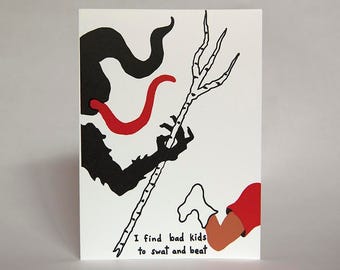 A Krampus Christmas – I Find Bad Kids to Swat and Beat – 3 Color Letterpress Printed Card with Holiday Message, Item 211.2