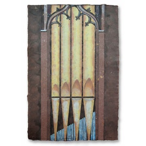 May include: A painting of a pipe organ with a decorative wooden frame. The organ pipes are yellow and brown with a blue and white trim.