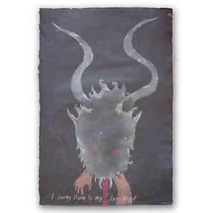 I Carry Them to My Lair to Eat: Krampus Pulp Painting on Handmade Abaca and Cotton Paper with string inclusions (2014), Item No. 163.02