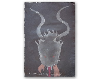 I Carry Them to My Lair to Eat: Krampus Pulp Painting on Handmade Abaca and Cotton Paper with string inclusions (2014), Item No. 163.02