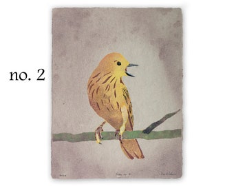 Bird Lore: Song (yellow warbler) -- bird pulp painting on handmade paper (2024), Item No. 383_01_06