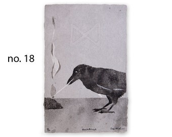 Breakthrough (Crow Divination Series) – bird pulp painting on handmade paper with Viking rune watermark, Dagaz (2021), Item No. 348.017_24