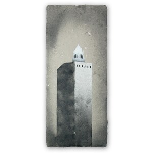 May include: Watercolor painting of a tall, rectangular building with a white top and a tower. The building is primarily gray, with a lighter gray top section. The background is a muted gray with a textured appearance, suggesting a paper or canvas surface.