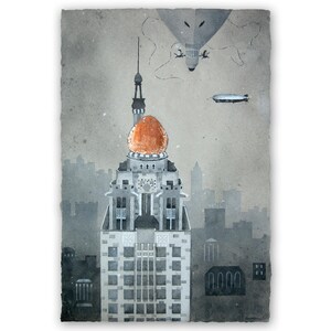 Puede incluir: Pintura a la acuarela de un rascacielos con una cúpula color cobre, un dirigible y una aeronave estilizada en una paleta de colores apagados. La obra representa un paisaje urbano con una estética vintage, evocando nostalgia y fantasía.