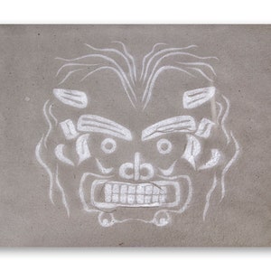 May include: A white drawing of a stylised face with a fierce expression on a brown background. The face has a large, open mouth with teeth, and the eyes are small and round. The face is surrounded by a series of lines that suggest hair or a beard.