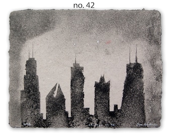 Chicago – Chicago skyline silhouette, pulp painting on handmade paper (2023), Item No. 292