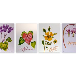 Corações e Flores – Conjunto de 4 Cartões Impressos em Tipografia, Edição Limitada, Em Branco – Ciclâmen, Antúrio, Lamprocapnos, Potentilla (Item 276)