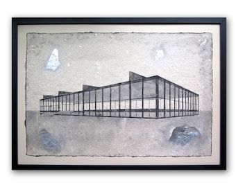 Crown Hall no. 16 (Illinois Institute of Technology): pulp painting on handmade paper (2022), framed. Item No. 362.016