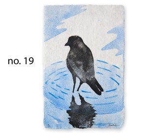 Flow (Crow Divination Series) – bird pulp painting on handmade paper with Viking rune watermark, Laguz (2022), Item No. 365.17_24