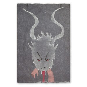 May include: A gray and white abstract illustration of a creature with horns and red eyes. The creature's mouth is open and a red tongue is visible. The text "I want to die in the sun" is written below the creature.