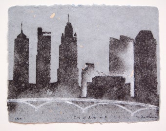 City of Arches No. 8 – Columbus skyline silhouette, pulp painting on handmade paper (2020), Item No. 316.08