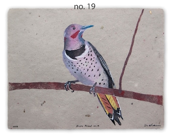 Happy Friend (Yellow Shafted Flicker, Woodpecker) -- pulp painting on handmade paper (2023), Item Nos. 318.019_26