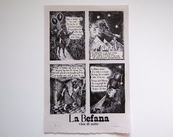 La Befana: vien di notte – 2 color Letterpress Broadside on Handmade Hemp/Cotton Paper (2018), item 279