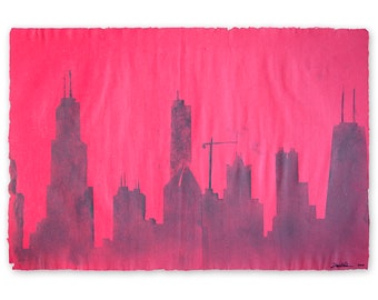 Dangerous City – Chicago Skyline: pulp painting on handmade red bamboo paper (2014), Item No. 147.09