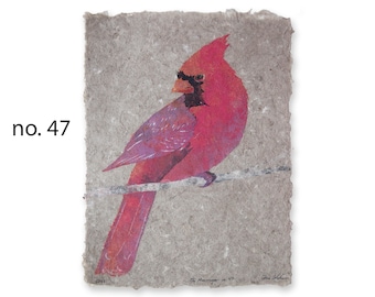 The Messenger (male northern cardinal) -- bird pulp painting on handmade paper (2023), Item No. 345