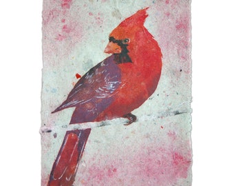 The Messenger no. 3 (male northern cardinal) -- bird pulp painting on handmade paper (2021), Item No. 345.03