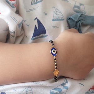 14k Solid Gold Baby Evil Eye Bracelet for Babies Black Beads | Personalized Baby Gold Bracelet | Custom Baby Jewelry | Baby Boy Bracelet