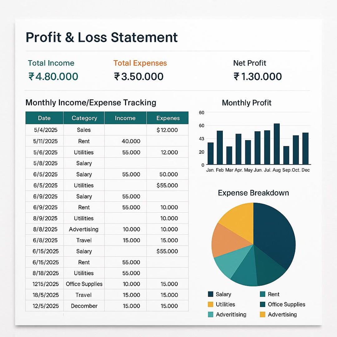 Profit and Loss Excel Template | Monthly Income Expense Tracker ...