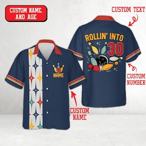May include: Navy blue bowling shirt with a retro design. The front features a bowling pin and ball graphic with the word "NAME". The back displays "ROLLIN' INTO 30" with bowling pins and a ball. Includes areas for custom text and number.