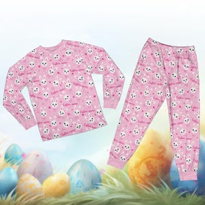 Pastellfärgad påskpyjamas för pojke och flicka, personligt namn för barn med äggjakt, personlig glad påskpyjamas, kaninpåskpyjamas bild 1