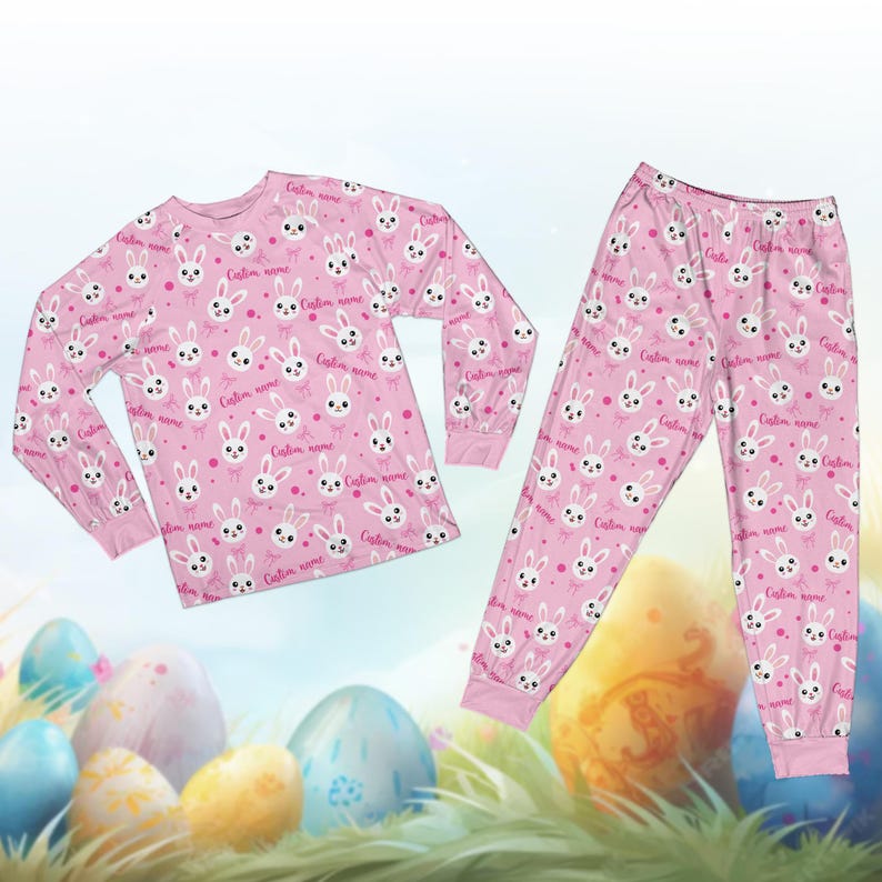 Pastellfärgad påskpyjamas för pojke och flicka, personligt namn för barn med äggjakt, personlig glad påskpyjamas, kaninpåskpyjamas bild 1