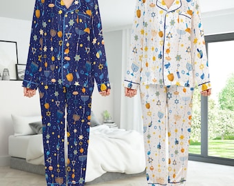 Happy Hanukkah Satin Pajamas Set, Cute Jewish Holiday Pajama Set, Chanukah Sleepwear, Star Of David, Menorah, Festival Of Lights Gift