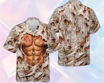 Camicia hawaiana di Halloween con effetto illusione muscolare, petto strappato 3D, abbottonatura frontale, divertente costume per feste horror, regalo originale