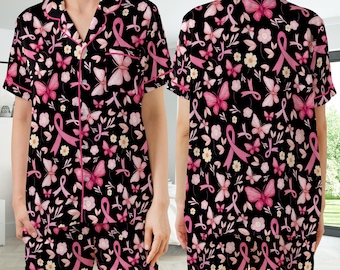 Cute Breast Cancer Awareness Satin Pajamas, Wear Pink In October Pajama Set, Pink Ribbon Sleepwear, Breast Cancer Support Gift