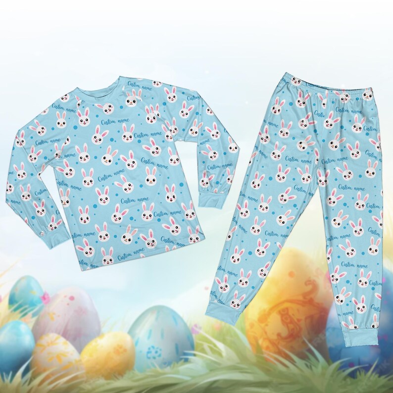 Pastellfärgad påskpyjamas för pojke och flicka, personligt namn för barn med äggjakt, personlig glad påskpyjamas, kaninpåskpyjamas bild 5