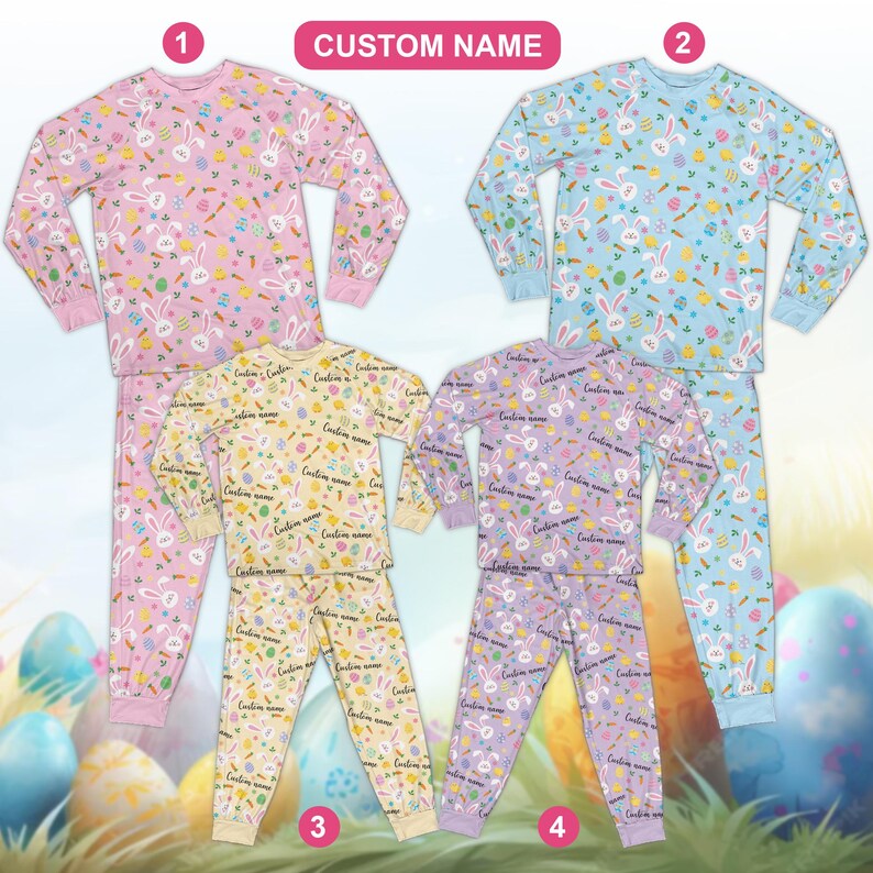 May include: Four sets of Easter-themed pajamas. The pajamas feature long-sleeved tops and pants with a repeating pattern of bunnies, carrots, and eggs. Colors include pink, blue, yellow, and purple. The text "CUSTOM NAME" is above the pajamas.